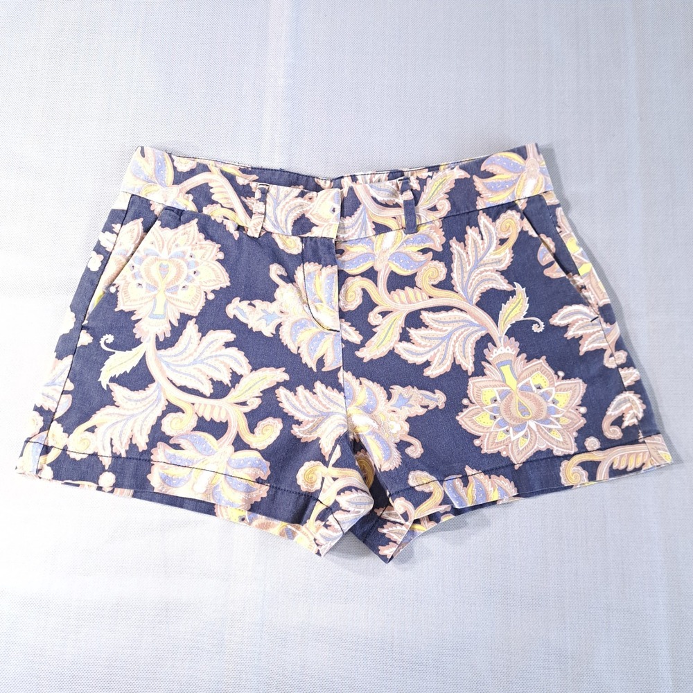 Ann Taylor Loft Women's Shorts Floral Blue/Yellow Size 2 Zip/Button Linen